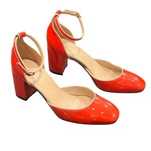 J.Crew Maisie Ankle Strap Block Heel Pumps Women 9 Orange Italian Patent Leather